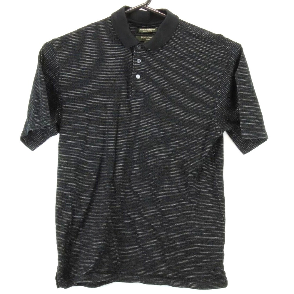 Pronto Uomo Sport Mens Button Up SS Collared Polo Shirt Large Black Dot Pattern